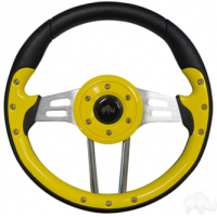 RHOX STEERING WHEEL, AVIATOR 4 YELLOW GRIP/BRUSHED ALUMINUM SPOKES